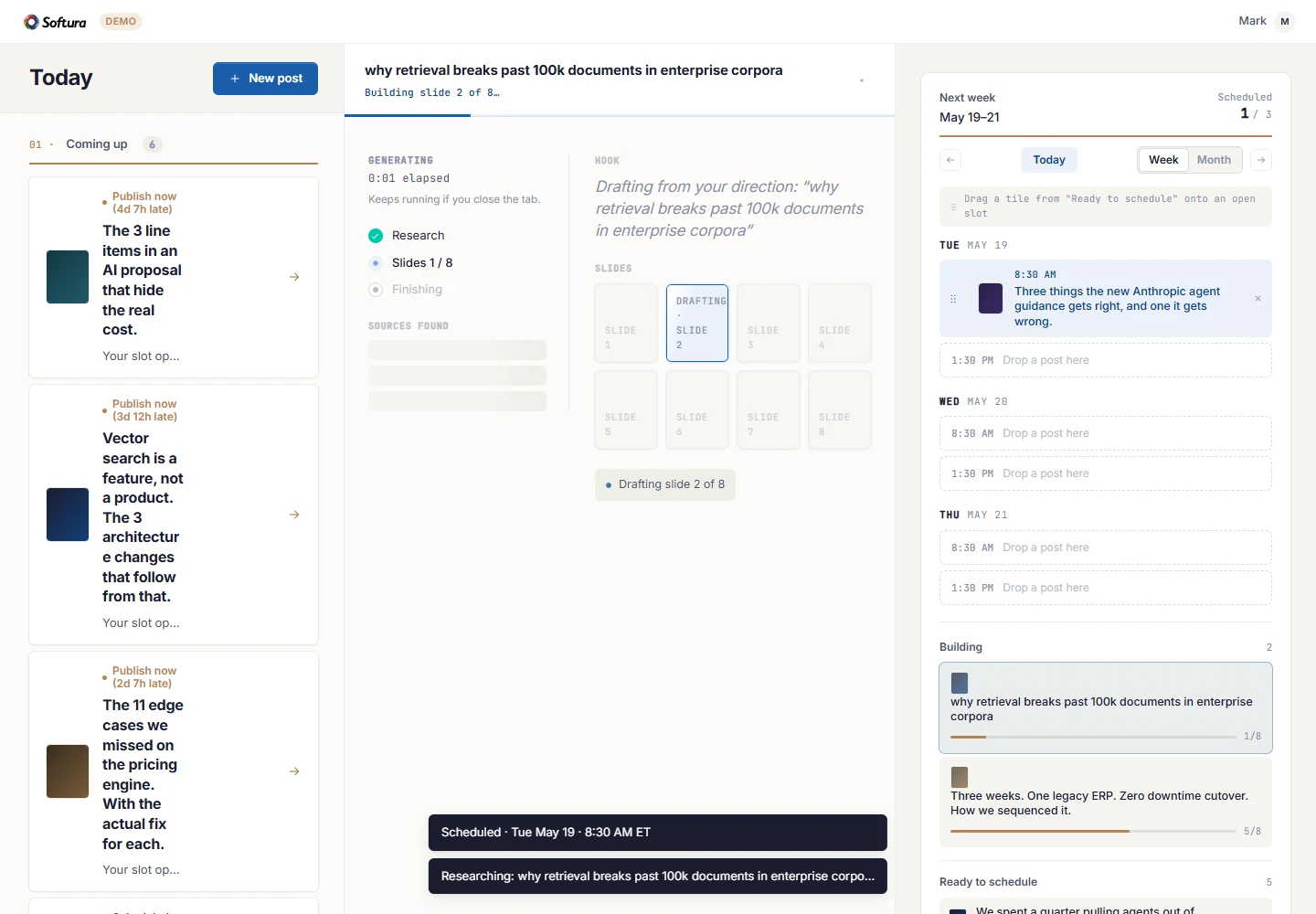 Actual Content Ops dashboard in demo mode: research, slide generation, and the publishing calendar