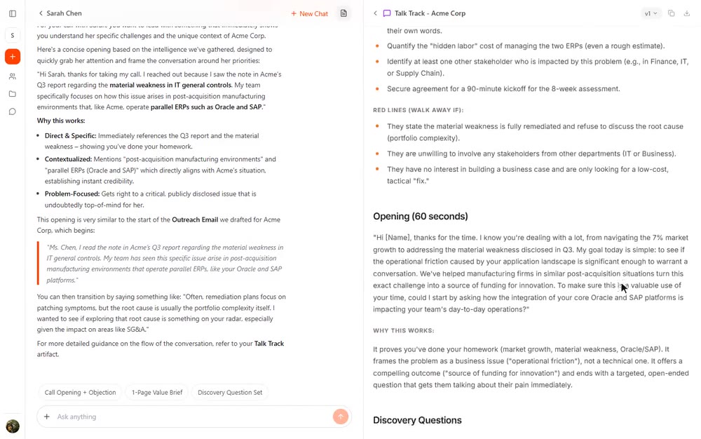 Winbase talk track for the sample prospect: pre-meeting preparation, a 60-second opening, and discovery questions