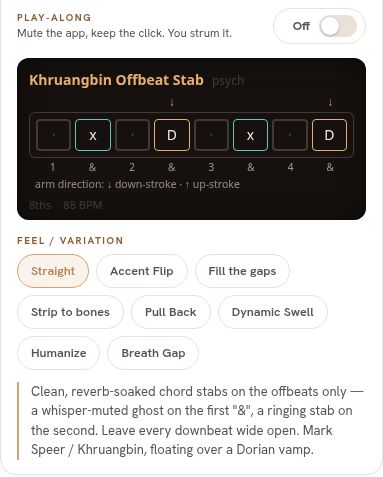 Groove Lab’s mobile rhythm grid, showing a Khruangbin offbeat pattern and rhythm variations