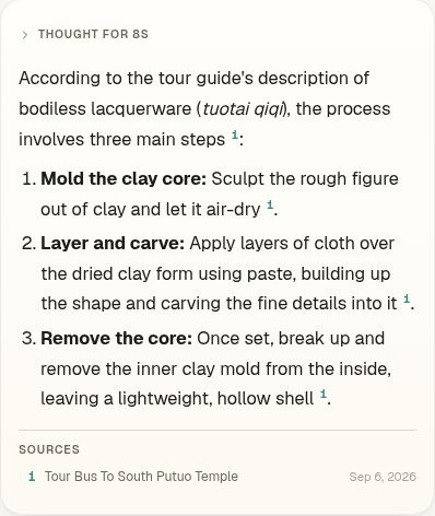 Voice Brain’s real answer about hollow lacquer statues: mold the clay core, layer the form, and remove the core, with a source citation